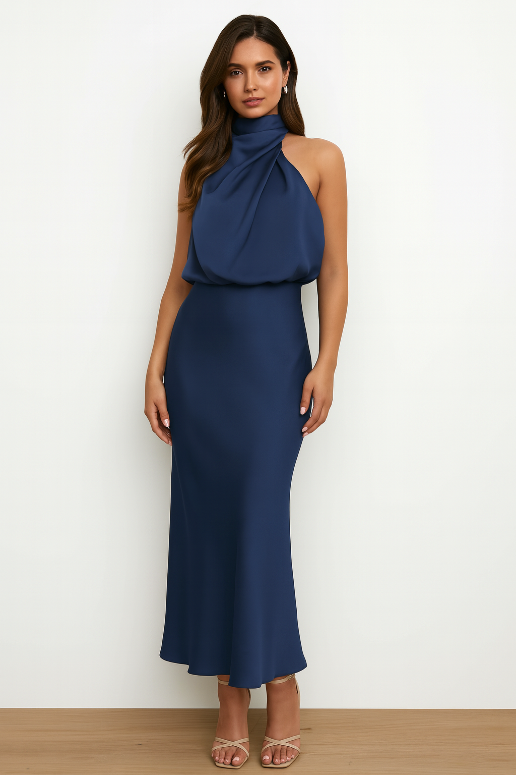 Linea | Satin Midi-Kjole til Dame med Halterneck
