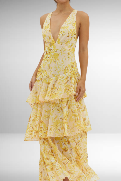 Grethe | Dame Maxi Kjole Med Lagdelte Paneler Og Blomsterprint