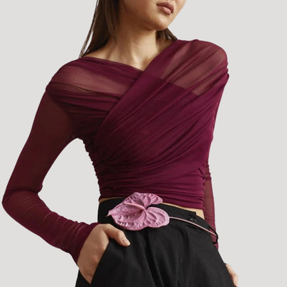 Kirsten | Dame Transparent Slå-Om Top Med Lange Ærmer Til Forår