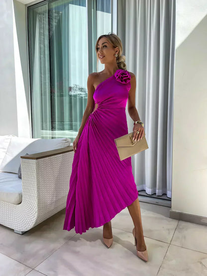 Sanne | Dame Midi Kjole Med One-Shoulder Og Plissering